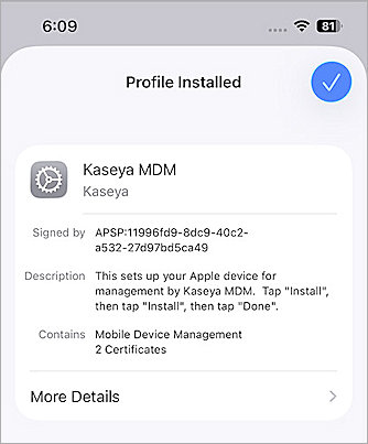Screenshot of Profile Installed on mobile device - Kaseya MDM